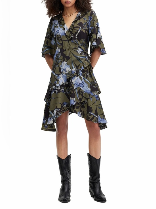 All Saints Dresses & Skirts - AllSaints Olive and Blue Floral High-Low Wrap Dress 100% Viscose